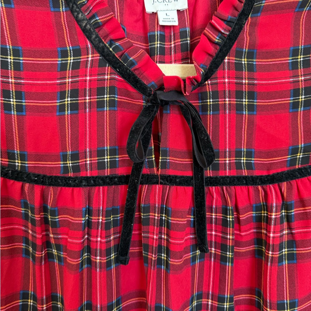 J. Crew Vibrant Red Plaid Blouse with Black Velvet Trim, Holiday Attire
